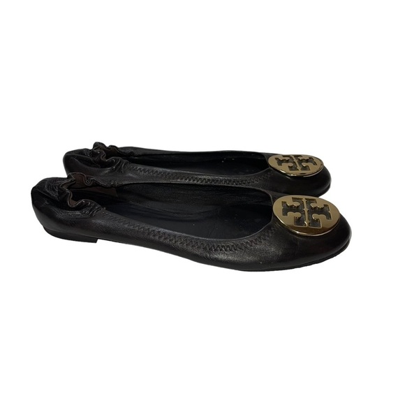 Tory Burch Black Flats with Gold Logo - Picture 2 of 7